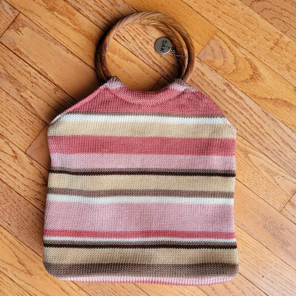 The Sak Knit Handbag Tote Faux Wood Ring Handles Cottage Beach Purse - Picture 7 of 11